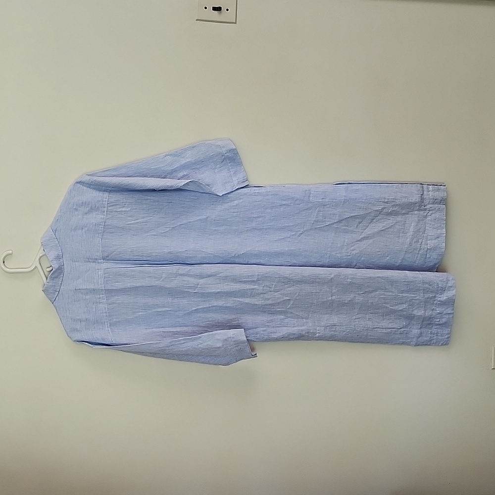 Soft Surroundings Linen Maxi Dress Blue White Striped Embroidered Side Slits S - Picture 11 of 11